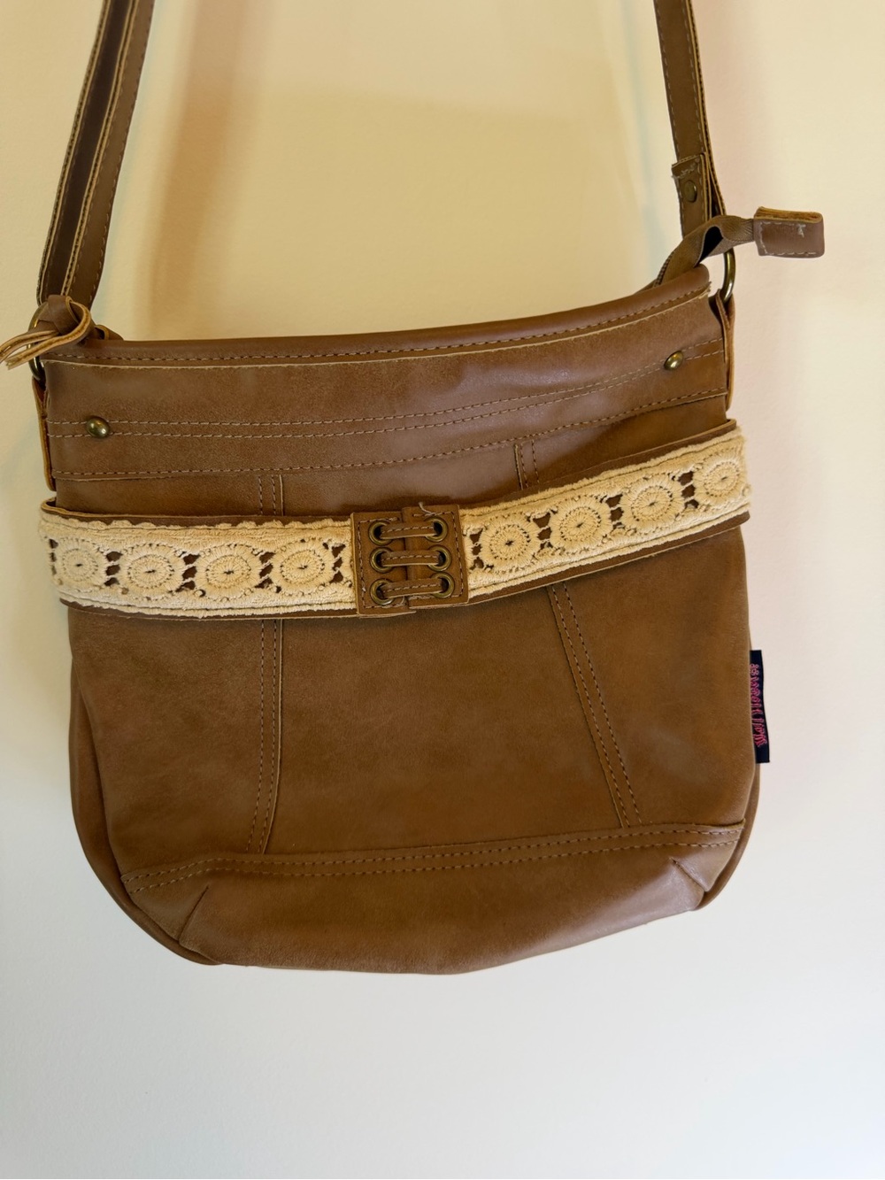 Wallflower Brown Crossbody Bag with Cream Crochet Trim